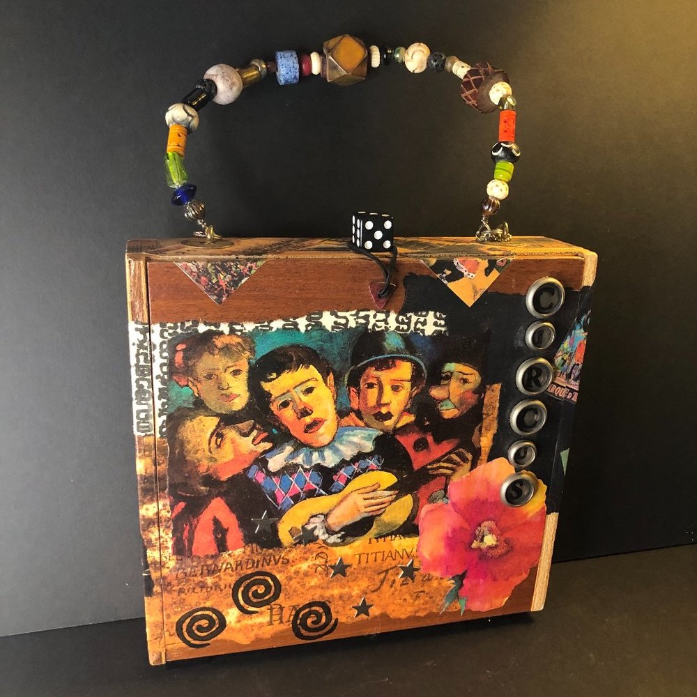 Gorgeous handmade Wooden Cigar Box handbag French artist Bernard Buffet circus